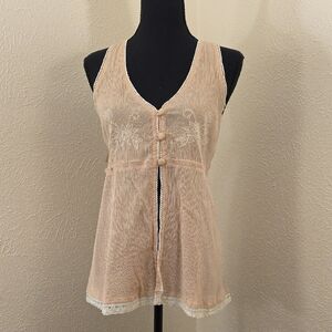 Beige Sleeveless Lace Trim Top